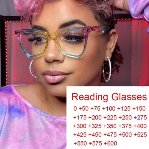 Anti Blue Light Ray Finished Reading Glasses Women Triangle Rainbow Eyeglasses Frame Blocking Computer Diopter 0 to +6.0 Glasses