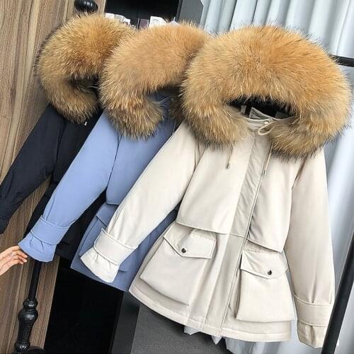 NEWDISCVR Large Natural Raccoon Fox Fur Hooded Winter Down Coat Women White Duck Down Jacket Thick Warm Parkas Female Outerwear
