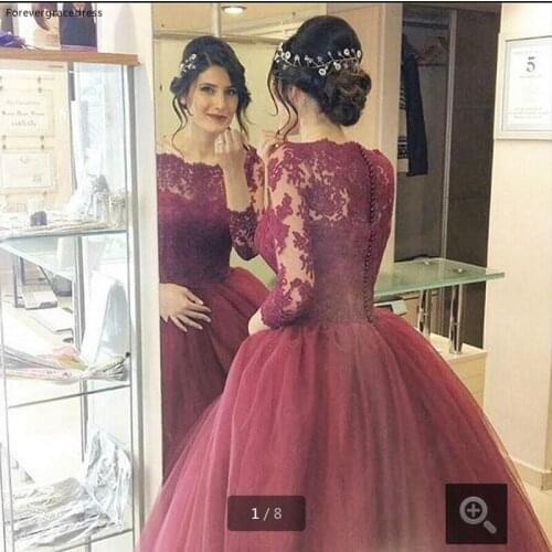 Romantic Burgundy Wedding Dress Puffy Ball Gown Lace Long Sleeves Dream Princess Bridal Party Gowns