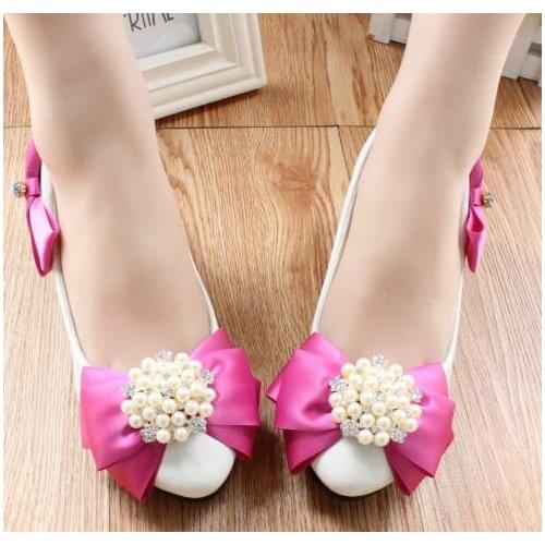 Luxury big pearl rhinestone pink bow wedding shoe TG194 sexy front back bow bowtie small med high heels womens party shoes