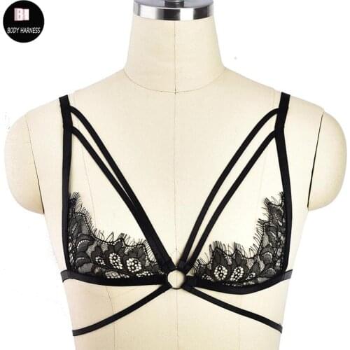 Sexy Body Harness Lace Crop Top Women Cage Bra Elastic Adjust Strappy Bikini See Through Bra Goth Bondage Lingerie Harness Belt