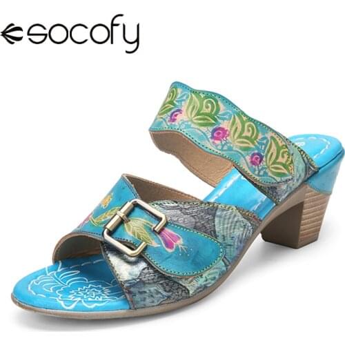SOCOFY Women Retro Style Sandals Calico Painted Leather Slip On Casual Mule Shoes Hook Loop Buckle Decor Chunky Heel Sandals