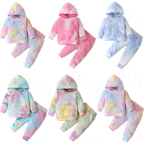 0-3Y Fashion Toddler Newborn Baby Girls Clothes Tie Dye Print Hooded Pocket Sweatshirt+Pants 2pcs Outfits Baby Tracksuit Sets