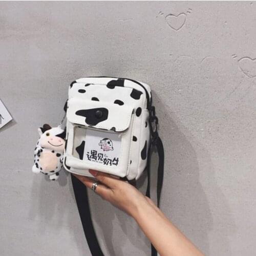 Harajuku Cow Pattern Canvas Bag Women Shoulder Messenger Transprant Crossbody Ba 63HC