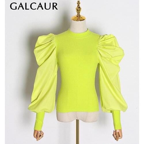 GALCAUR Knitting Sweater For Women Puff Sleeve O Neck Patchwork Plus Size Ruched Streetwear Pullovers Female 2021 Autumn Clothes