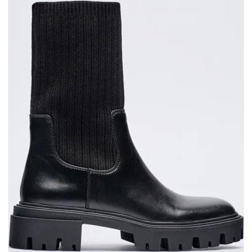 British Style Knitted Sock Boots Women Shoe Autumn 2021 Mid-calf Stretch Boots Thin Legs Thick Soled Platform Boot Botines Mujer