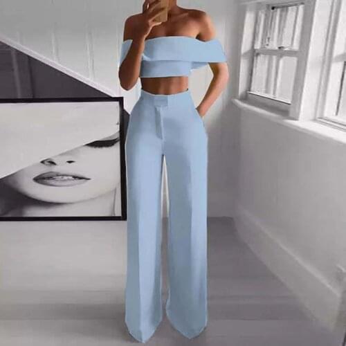 Womens Jumpsuit Solid Off Shoulder Crop Top Straight Pants Pocket Design Short Tops Sexy Sleeveless Elegant Skinny Playsuits
