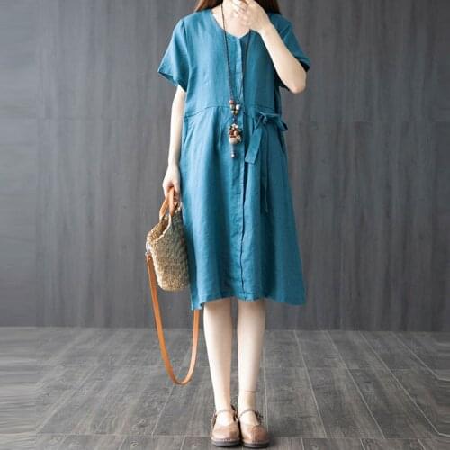 Women Summer Loose Casual Dress New 2021 Simple Style Vintage Solid Color Loose Female Cotton Linen Knee-length Dresses S3874