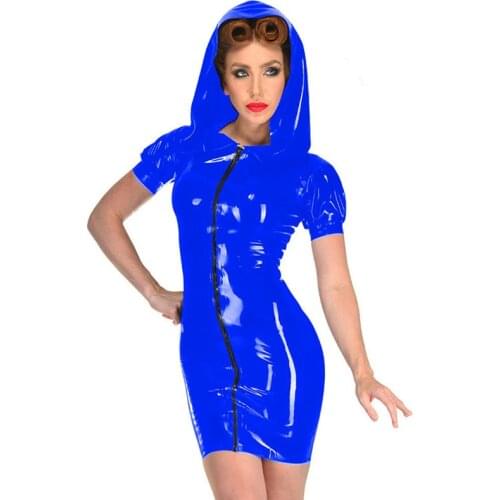 PVC Hooded Mini Dress Sexy Zipper Front Bodycon Dress GothicParty Show Dress Plus Size Short Sleeves Vestido