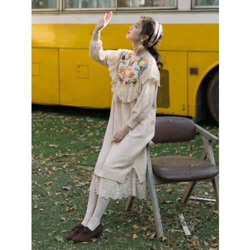 Japanese Mori Girl Lolita Bohemian Vintage Retro Boho Embroidered Floral Lace Ruffle Patchwork Women Spring Long Sweater Dress