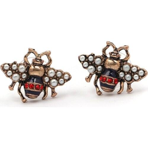 2018 New Vintage Bee Stud Earrings Party Jewelry Accessories Gift Small Cute Simulated Pearl Statement Insect Earrings for Women