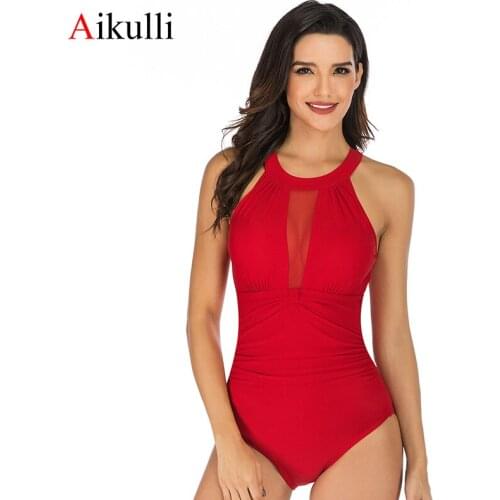 Aikulli Swimwear Women Swimsuit Ruched Tummy Control Solid Sexy Swimwear One Piece Bathing Suit Monokini Onepiece Swim Suit 2020