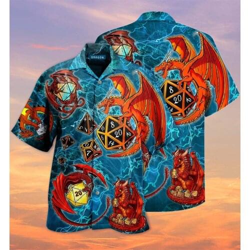 USA Size Lucky Dragon Playing Dice 3D Printing Summer Hawaiian Beach Casual Fashion Loose Plus Size Mens Shirt Custom Shirt