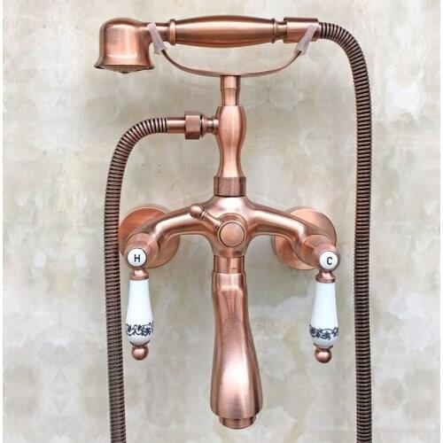 Antique Red Copper Brass Double Ceramic Handles Wall Mounted Claw Foot Bathroom Tub Faucet Mixer Tap With Handshower mtf802