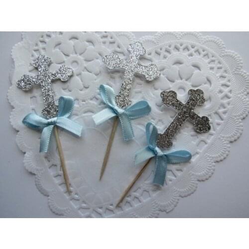 Glitter Silver and Blue Cross Baptism Communion Cupcake Toppers birthday bachelorette wedding baby bridal shower toothpicks