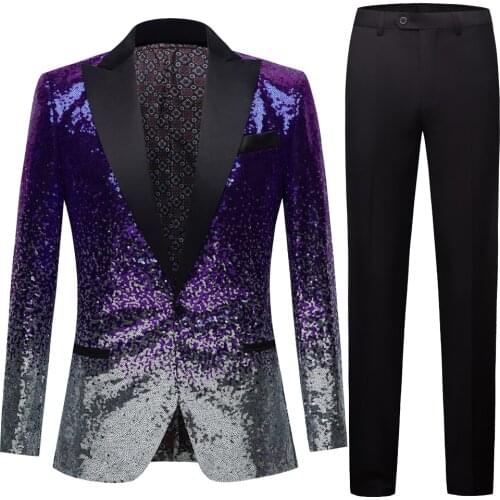 Mens Stylish Black Blue Violet Two Color Sequins Slim Fit Shiny Blazers Party Prom Stage DJ Singers Suit Jacket Costume Blazer