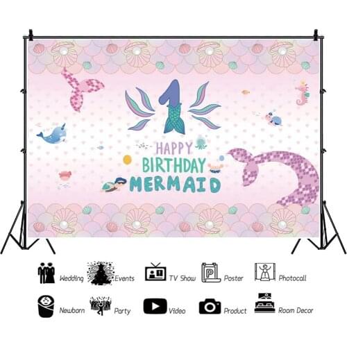Pink Shell Mermaid 1 Year Old Children Backdrops Photography Kids Birthday Party Photos Background for Shooting Decor
