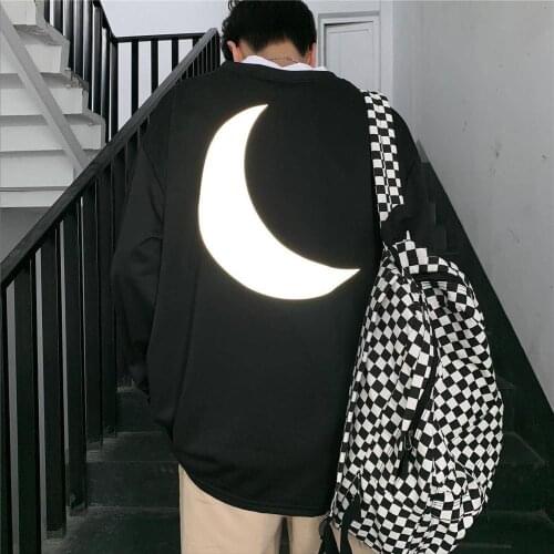 Harajuku Street OverSize Reflective T shirt Men Big Moon Streetwear Cotton Shirt Men Unisex Chic Ulzzang Kpop Hip Hop T Shirt