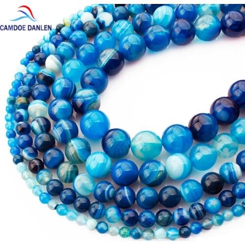 CAMDOE DANLEN Natural Stone Beads Blue Stripe Agates Onyx Round Loose Beads 4 6 8 10 12 14mm Fit Diy Space Beads Jewelry Making