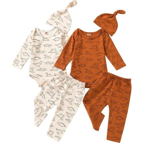 New Three Piece Baby’s Clothes Cartoon Dinosaur Printed Long Sleeve Romper and Trousers with Hat