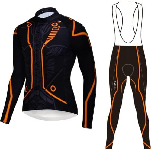 WULIBIKE Tron Orange Mens Long Sleeve Cycling Clothes Suit Autumn Breathable Bicycle Sportwear Bib Pants Set