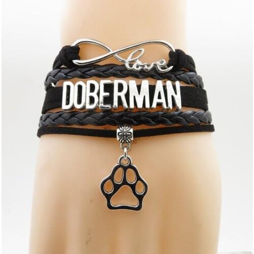 Love doberman bracelet dogs paw charm doberman mom black leather bracelets for women and man