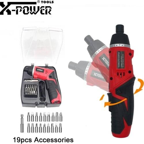X-power 3.6V Mini Cordless Screwdriver Set Electric 18650 Battery LED Light Power Tool Kit With 19pcs Accessories For Home DIY