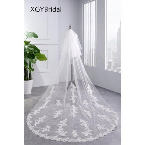 Fashion Cathedral Veil Lace Bridal Headdress New Hot Sale Double Layer 3.5 Meter Super Long Applique Edge White Or Ivory Veil