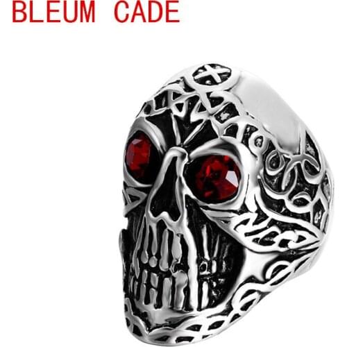 Men Punk 316L Stainless Steel Skull Band Ring Red Rhinestones Fashion Mens Ring Jewelry