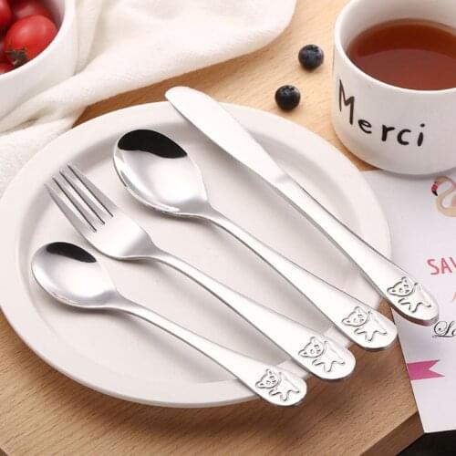 4pcs / set Utensils Set Fork Knife Teaspoon Spoon Food Baby Feeding Children Learning Food Habit Kids Stainless Steel Cutlery
