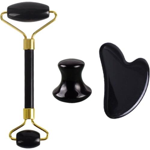 Jade Roller For Face Massager Gua Sha Scraper Natural Jade Roller Black Obsidian Gouache Scraper Jade Massagers For Face Stone