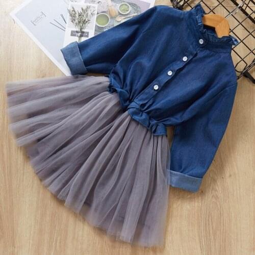 Autumn 3-8T Baby Girls Dress Clothings Patchwork Denim Mesh dress Brief Baby Long Sleeve Princess Dress Kids Clothes