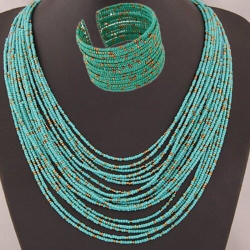 DIEZI African Acrylic Beads Jewelry Sets Bohemia Necklaces Bangles Women Fashion Statement Multilayer Necklace New Jewelry Set