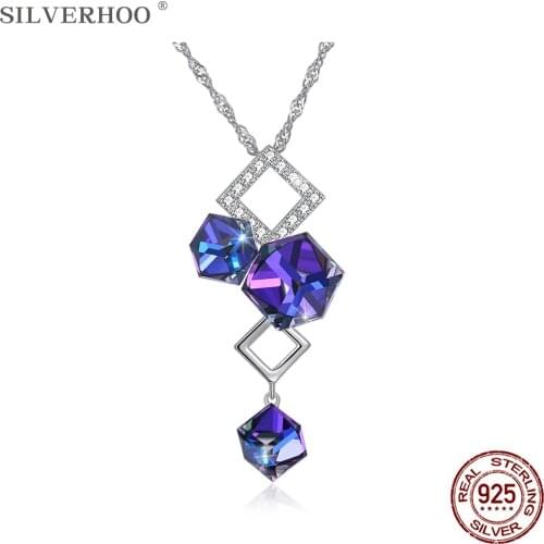 SILVERHOO Personalized Necklace Silver 925 Sterling Geometric Square Austria Crystal Pendant Women Necklaces Party Fine Jewelry