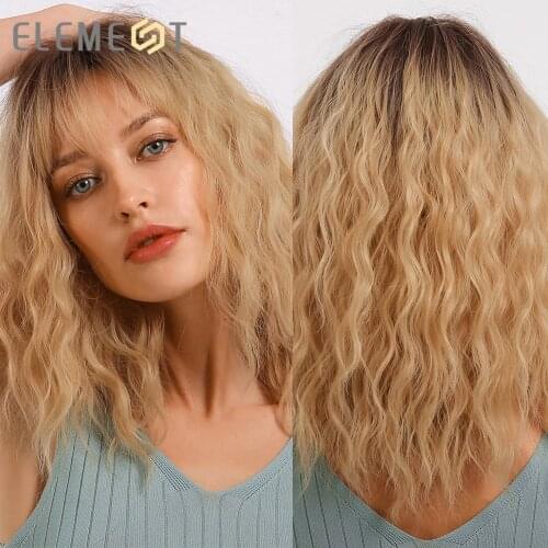 Element Synthetic Medium Length Ombre Golden Blonde Water Wave Wigs with Air Bangs Lolita Cosplay Wigs for White/Black Women