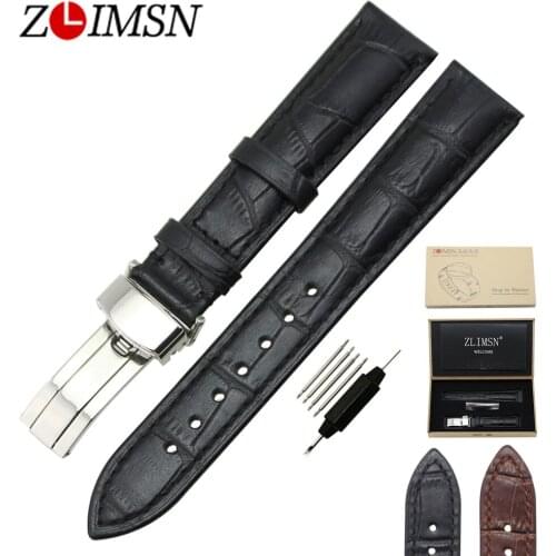 ZLIMSN Genuine Leather Watchband 18 20mm Black Brown Watch Strap Belt Replacement Single Pull Butterfly Buckle Relojes Hombre