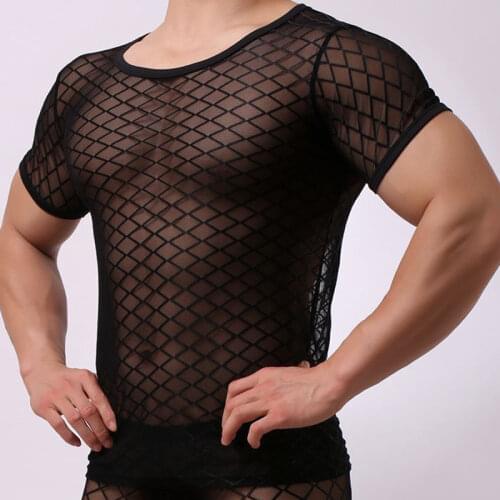 Sexy Men Diamond Transparent Mesh Net Shirts Sexy Underwear Stripe See Through Tank Tops Night Club Erotic Lingerie