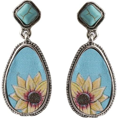 New Fashion Vintage Bohemia Style Turquoise Water Drop Ear Stud Fashion Sunflower Earrings Personality Fashion Accessories