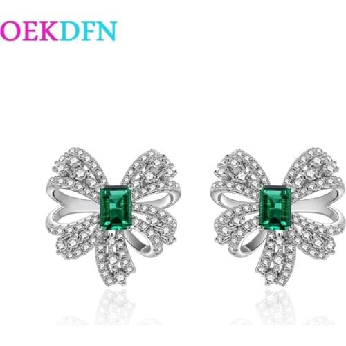 OEKDFN Real 925 Sterling Silver Stud Earrings For Women Large Sparkling Emerald Gemstone Wedding Jewelry Anniversary Earrings