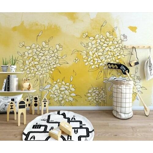 Contemporary and contracted yellow small and pure and fresh hand draw flowers children room setting wall