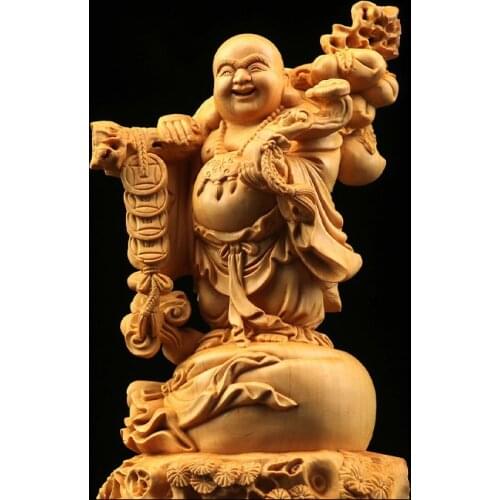 Boxwood 18.5cm Chinese traditional figure statue Maitreya Buddha office decoration home decoration crafts