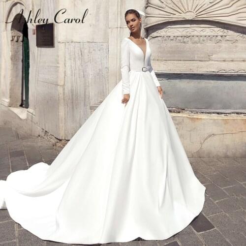 Ashley Carol Long Sleeve Wedding Dress 2021 Elegant Satin Bridal V-neck Simple Princess A-Line Bride Dresses Vestido De Noiva