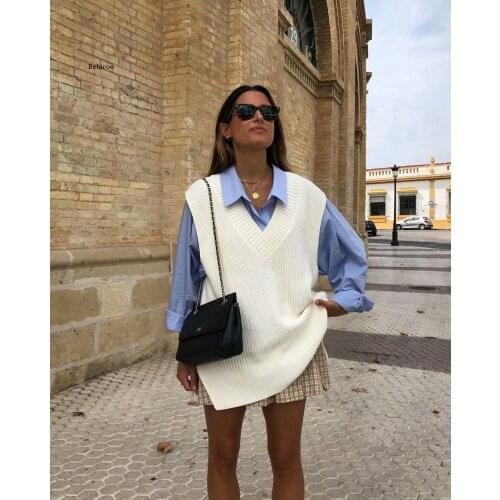 V Neck Sleeve White Knitted Autumn Winter Women Sweater Vests Casual Loose Outwear Solid Sweater Preppy Style Vests