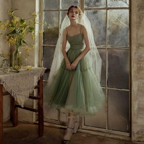 Tulle Spaghetti Straps Evening Dresses Short 2021 Simple Tea-Length A-Line Sparky Homecoming Dresses robe de soirée de mariage