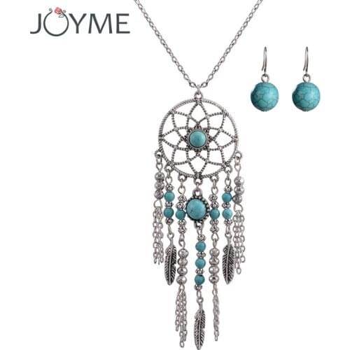 Vintage Necklace Earrings Set for Women Gold Tassel Dream Catcher Stone Feather Chain African Beads Jewelry Sets Native America