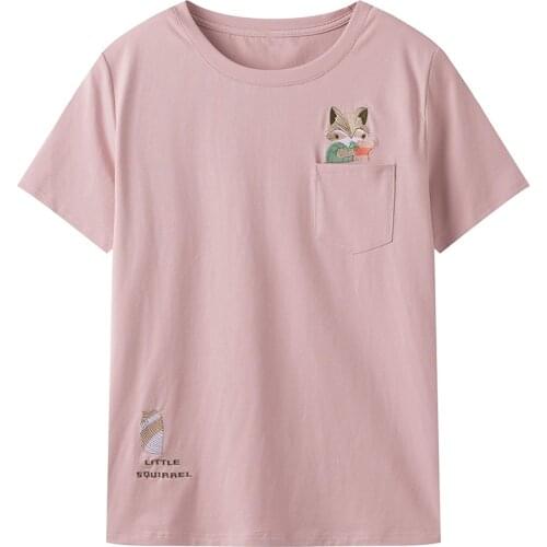 Women T Shirt New Casual Embroidery Animal Pocket Round Collar Short Sleeve Top Female Simple Kawaii Funny Soft Girls Tee Summer