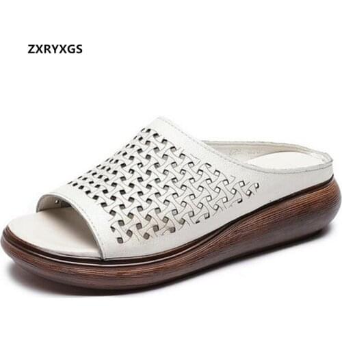 Promotion 2021 New Fish Mouth Hollow Genuine Leather Slippers Women Sandals Wedges Platform Slippers Casual Comfortable Shoes