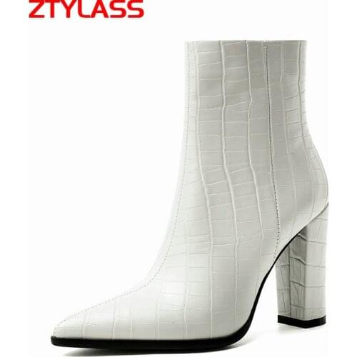 2021 Fashion Women Boots Sqaure High Heel Ankle Boots Faux Leather Pointed Toe Heels Autumn Winter Zipper Ladies Boots