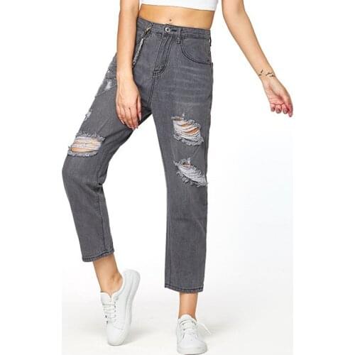 Womens Straight Jeans Solid Color Ripped Hole Trousers High Waist Casual Wild Daily Wear Fitting Ninth Pants Leisure Bottom