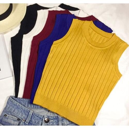 New Summer Women Knitting Cropped Tops Slim Casual Slim Short Camis Sleeveless Solid T shirt Sexy Elastic Crop Tops